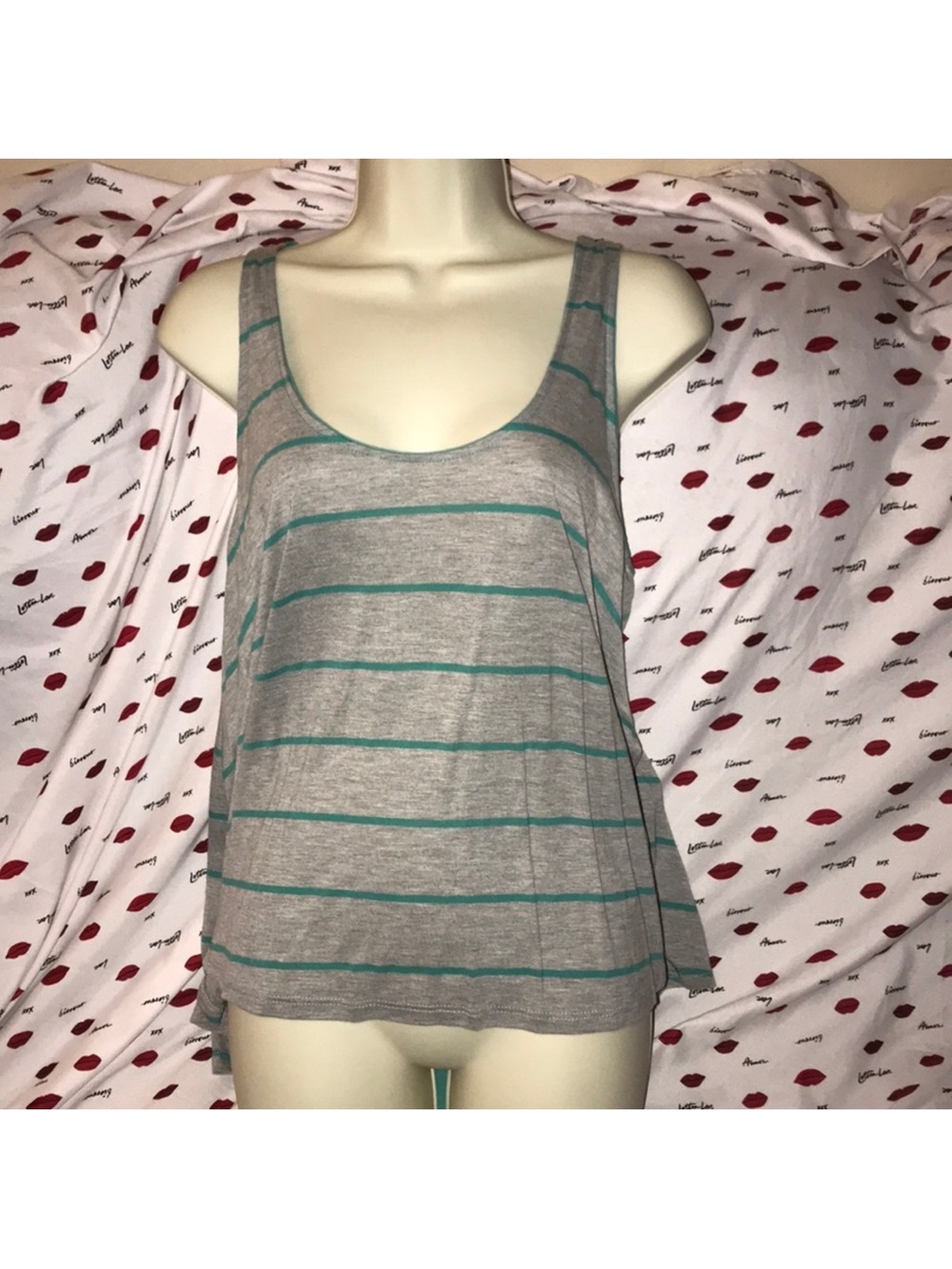 Lush medium Women’s aqua & Grey Striped Tank Top - Casual Scoop Neck